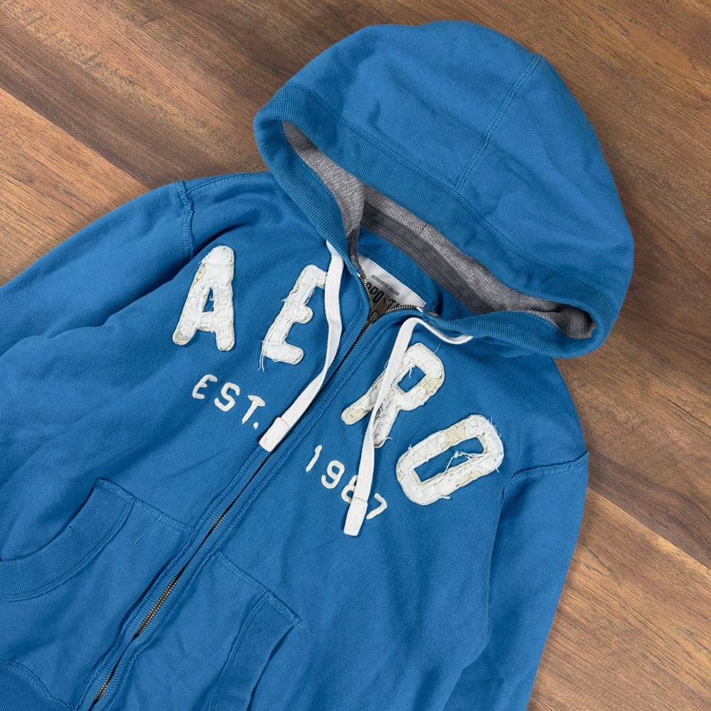 Aeropostale Mens Blue Full Zip Hoodie AERO EST 1987 Applique Sweatshirt L G